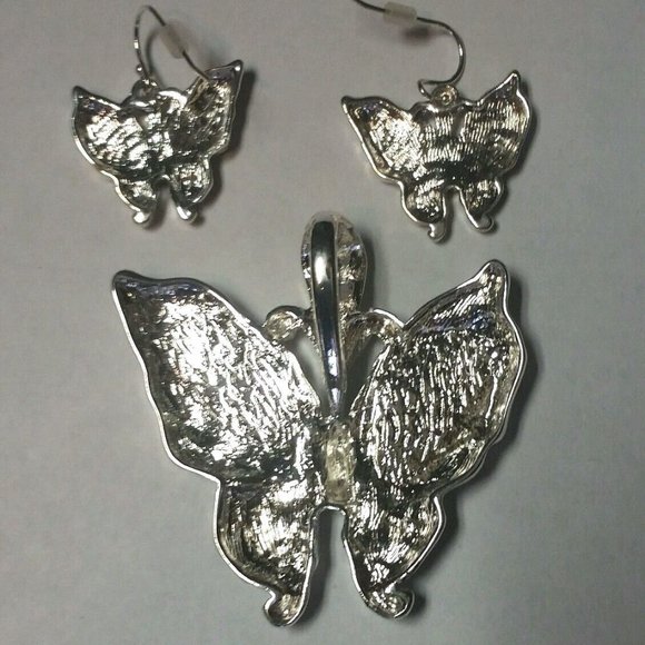 Butterfly Silver & Abalone Shell Metal Pendant Necklace Earrings Set 107AA - Picture 2 of 2